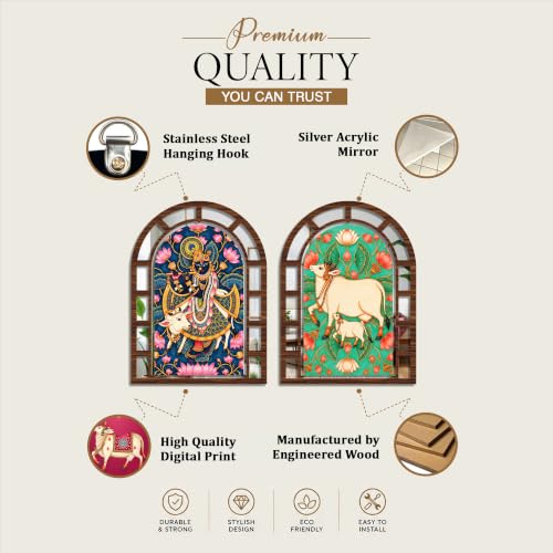 Image of Artvibes Shrinathji & Kamdhenu Cow Wall Hanging Decor | Decorative Wall Accent | Jharokha Mirror for Living Room, Hall, Bedroom, Pooja Room, Reception, & Entryway | Gift (WHJ 12038N), Set of 2
