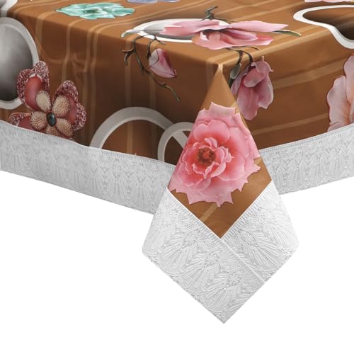 Image of Dakshya Industries PVC Waterproof Square Table Cover 48x48 Inch for 4 Seater Dining Table | Floral Printed Oilproof Stain Resistant Washable Plastic Table Cover, Orange