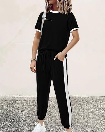 Amkoyam Women's Two Piece Outfits 2025 Summer Short Sleeve Tops With Drawstring Long Pants Tracksuit Jogger Lounge Set2