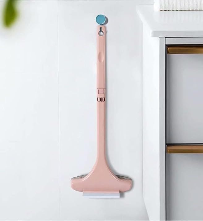 Image of GUTEWERK 2-in-1 Mesh Cleaning Brush Wiper with Extended Handle, Modern, Pink, Stainless Steel Blade, Plastic Handle, Squeegee