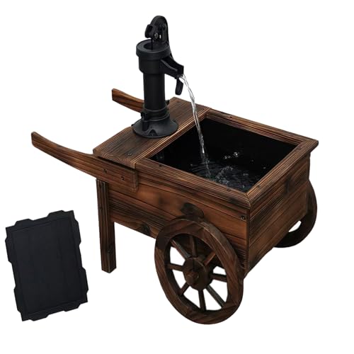 Borsynium,Carbonized Wood Outdoor Freestanding Fountain - Movable Vintage Hand Pump Cart, Solar-Powered Electric Decorative Water Feature for Patio, Garden & Indoor Decoration