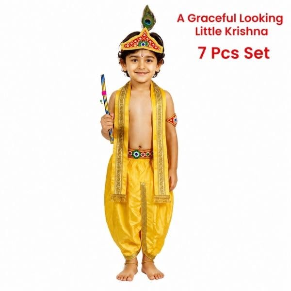 Image of Shri Krishna Costume Set - Ethnic Wear with Golden Jari Angavastram & Dhoti, Traditional Dress Set of 7 for Boys & Girls - Ideal for Janmashtami, Fancy Dress, and Festivals