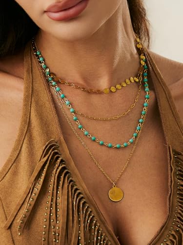Layered Gold Necklaces for Women Stack Boho Turquoise Western Coin Pendant Necklace Country Concert Beach Fashion Jewelry Gift3