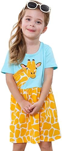 RETSUGO Little Girls A-Line Dress Cute Unicorn Rainbow Pattern Short Sleeve Casual Cotton Toddler Girl Dresses for Party 1-8 Years Giraffe-1056-5T