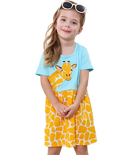 Retsugo Little Girls A-Line Dress Cute Unicorn Rainbow Pattern Short Sleeve Casual Cotton Toddler Girl Dresses For Party 1-8 Years Giraffe-1056-5T #TOP2
