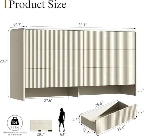 Image of Furniway Bedroom Dresser Set 3 Piece, 6 Drawer Curved Dresser with 2 Nightstands, Modern Fluted Wood Storage Cabinet, White Chest of Drawers with Pop-Up Design, Beige