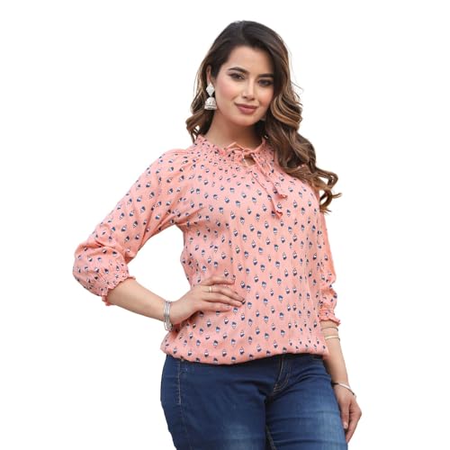 Image of Himanshi Enterprises Women's Traditional Casual 3 /4 Sleeves Mandarin Nack Rayon Floral Printed Short Kurti