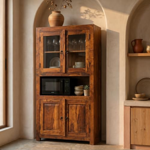 Image of SONA ART & CRAFTS Sheesham Wooden Crockery Cabinets with Glass Door | Wooden Book Shelf Cabinet with Storage Rack for Home & Office Living Room (Natural Brown)