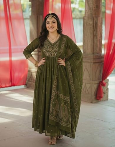 Image of GoSriKi Rust Anarkali Kurta Set for Women with Dupatta | Cotton Kurti Set for Woman | Embroidered Anarkali Suit for Women Kurti Pant Set with Dupatta | Suit Set for Women Latest