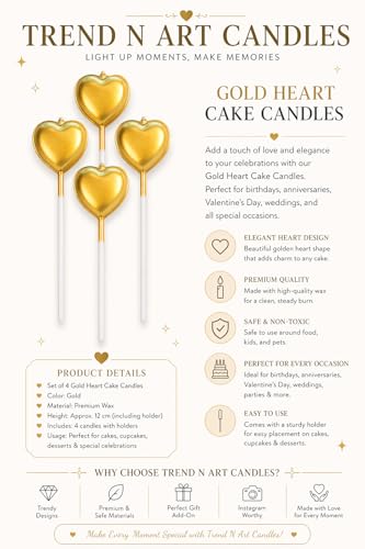 Image of Gold Heart Cake Candles Set | Premium Metallic Romantic Candles with Holders for Birthday, Anniversary & Valentine Celebrations