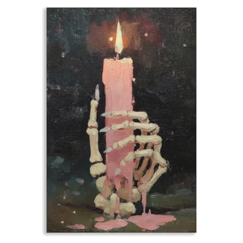 OAOPIC Pink Skeleton Candle Canvas Wall Art Whimsical Pastel Gothic Halloween Poster Girly Autumn Goth Spooky Holiday Wall Decor Preppy Cute Ghost Picture for Girls Bedroom 12x16in Unframed