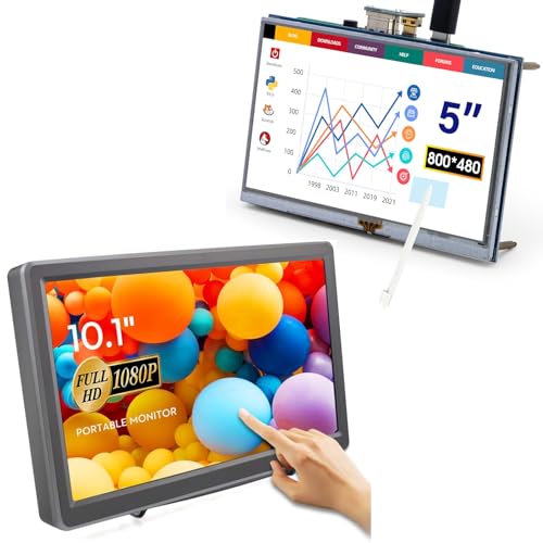 Image of 5 Inch Resistive Touch Screen TFT 800x480 LCD Display + 10.1 Inch IPS Capacitive Touchscreen 1920x1080P Built-in Dual Speakers Portable Monitor with HD VGA Port, Compatible with Raspberry Pi, Windows