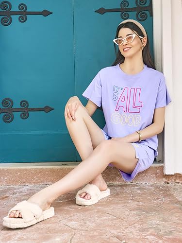Image of ZEYO Night Suit for Women's Typography Printed Cotton Night Dress of Top and Shorts