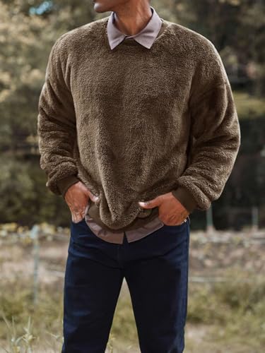 Mens Fuzzy Sherpa Sweatshirt Long Sleeve Fluffy Crew Neck Pullover Cozy Basic Unisex Fall Winter Warm Tops3