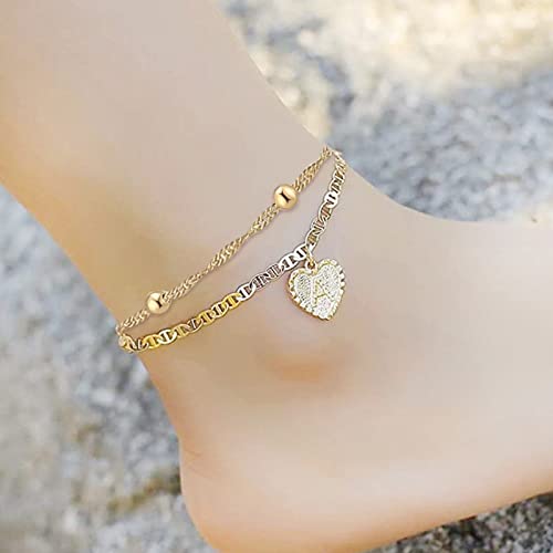 2023 Summer Beach Anklet Bracelets For Women,14K Gold Ankle Bracelet,Summer Jewelry For Teen Girls,Heart Anklet 26 Letter Initial M For Ladies Trendy Foot Beach Jewelry Gifts Mother's Day Mom #TOP4