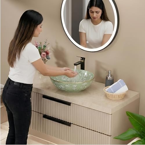 Image of BASSINO 16x16x5 Inches Designer Ceramic Table Top Wash Basin /Green Bamboo Floral Art Bowl Sink with Golden Edge for Bathroom /Handcrafted Round Countertop Washbasin for Office /Hotel(Glossy)