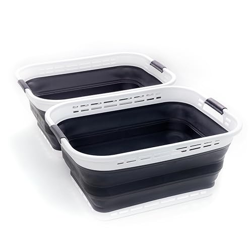 Image of SAMMART 42L (11 gallons) Collapsible Plastic Laundry Basket - Portable Pop Up Storage Container /Organizer - Portable Hamper - Space Saving Easy Storage (White /Asphait (Set of 2))