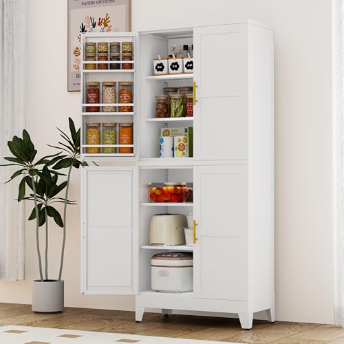 Image of GAIOUS 74.8 inch Tall Metal Food Cabinet, White Kitchen Pantry Cabinet, Storage Cabinets with 4 Door and 4 Adjustable Shelves, Steel Freestanding Cupboard for Kitchen Dining Room Living Room Bathroom