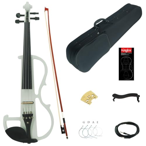 Image of Kinglos. Visual-Art Advanced Electric Violin 4 /4 Full Size Ebony Fittings | Incl. Case Bow Shoulder Rest Aux Cable Spare Bridge Strings - Solid Wood White Coloured Silent Fiddle Kit for Adults Beginner