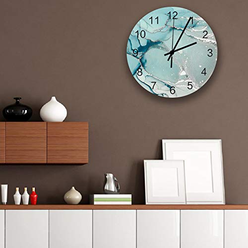 12 Inch Gradient Marble Round Wooden Wall Clock, Gradient Turquoise To Grey With Silver Stripes Wall Clock Battery Operated Abstract Wall Clock With Arabic Numerals For Living Room, Kitchen, Laundry #TOP1