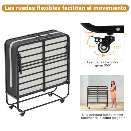 Miniatura 7 de Brinlawb Cama Plegable 90x200cm Con Colchón Y 4 Ruedas, Cama Plegable De Invitados Con Colchón Plegable De 10cm De Grosor, Marco De Metal Fuerte Y Estable, Para Habitaciones De Invitados Y Dormitorios
