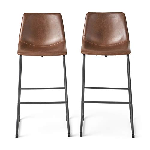 Christopher Knight Home Savannah Vintage Faux Leather Upholstered Bar Stool Set of 2, Metal Frame Counter Height Barstool Set for Bar Table, Kitchen Island Armless Counter Stool with Footrest, Brown