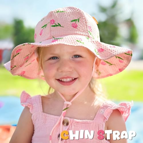 Image of HONGTEYA Baby Sun Hat Toddler Girl Beach Hat Sun Protection Adjustable Outdoor Summer Wide Brim Bucket Hat for Infant Kids