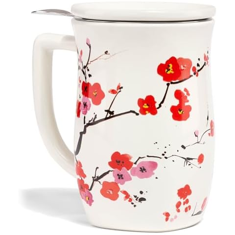 Tea Forte Fiore Ceramic Tea Mug with Infuser and Lid, Sakura, 14 oz. Ceramic Cup with Handle for Steeping Loose Leaf Tea, Dishwasher & Microwave Safe Cover