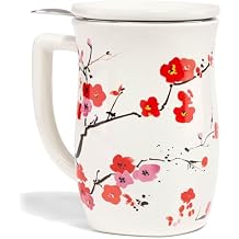 Tea Forte Ceramic Fiore Cup with Handle, Removeable Stainless Steel Infuser Basket and Lid, Steeps 14 oz Loose Leaf Tea, Dishwasher & Microwave Safe, Sakura