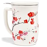 Tea Forte Ceramic Fiore Cup with Handle, Removeable Stainless Steel Infuser Basket and Lid, Steeps 14 oz Loose Leaf Tea, Dishwasher & Microwave Safe, Sakura