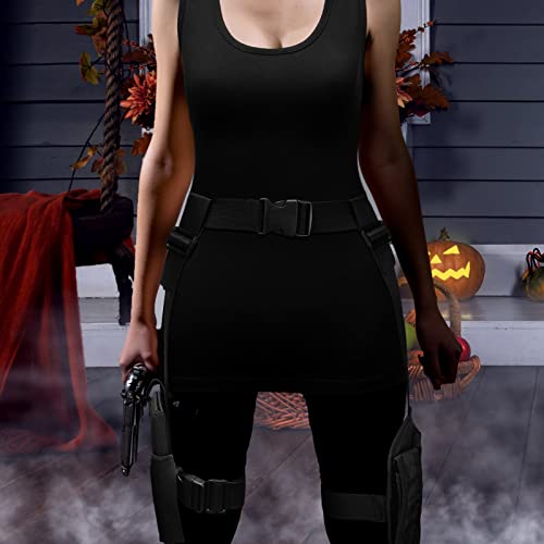 2 Pcs Halloween Thigh Holsters Costume For Women Leg Gun Holster Drop Adjustable Universal Pistol Leg Thigh Holster Pouch Holder With Magazine Pouches And Basic Racerback Crop Tank Tops (Black) #TOP6