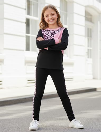 Image of PATPAT Little Girls Clothes Crew Neck Leopard Color Block Sweatshirt and Leggings Girls Outfits Size 4-12Y