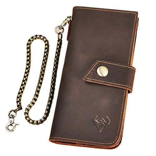 Le'aokuu Mens Genuine Leather Bifold Wallet Organizer Checkbook Removable Chain Wallet