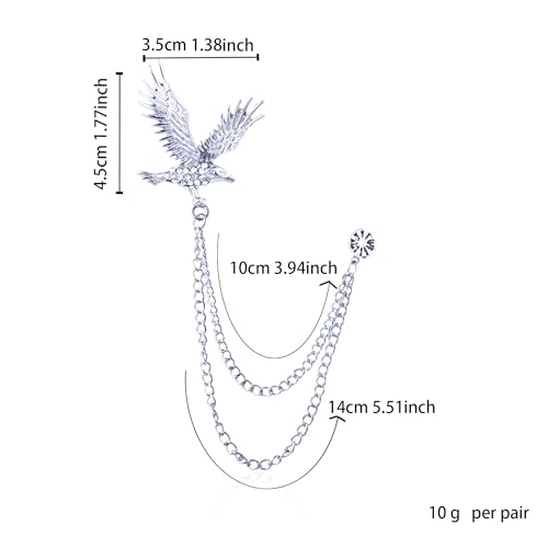 Image of Vintage Hawk Chain Brooch Pin Animal Eagle Bird Long Chain Tassel Suit Lapel Pin Rhinestone Hawk Badge Pin Jewelry for Men Women