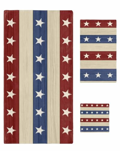 Smile Sunflower Bath Towels Set of 3 Independence Day Stars Stripes Wood Grain Soft Absorbent Bath Towel Hand Towel Washcloth Decorative Towels for Bathroom Kitchen Gym Spa