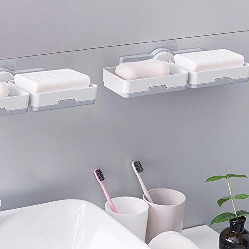 Image of BUNVOX Plastic Wall Mounted Double Layers Soap Dish Saver with Drain Tray, Adhesive Sponge Holder No-Drilling Soap Holder for Shower Bathroom Kitchen - Multicolour (White and Grey)