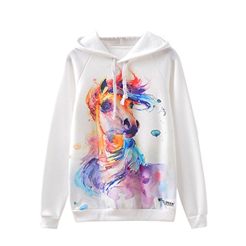 Lenfesh Animal Imprimir Creativa Sudadera Mujer Capucha Pintada Estilo De Hip Hop Camisetas Blanco (S, Caballo)