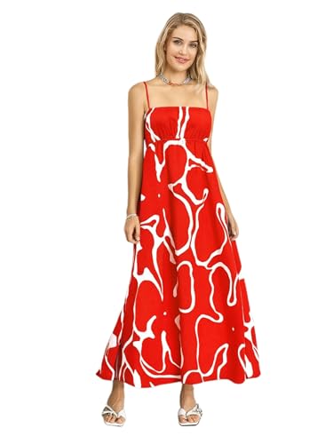 Owl's-Yard Women's Summer Cami Long Dress Flower Print Spaghetti Strap Loose Maternity Dress (A-Red, S)