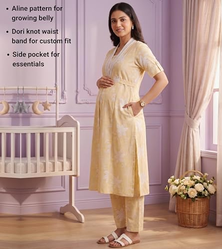 Image of DUMMY SHAPE Maternity Dresses for Women Cotton | Floral Kurta Pant Dupatta Set with Nursing Zippers, Side Pocket | Pre & Post Pregnancy | Feeding Kurti Suit | Baby Shower | Gifts for Pregnant Woman
