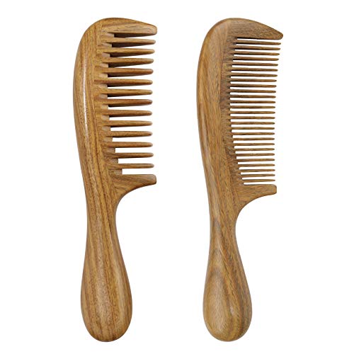Hair Comb - Wood with Anti-Static, for Detangling, Straight, Thick, Curly Hair; Handmade Natural Green Sandalwood Wooden Combs for Men,Women (Wide Tooth Tine Tooth Combs Set)