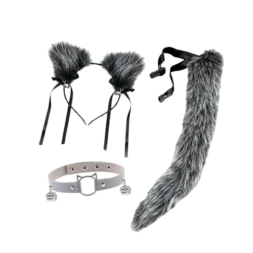 Lycpajk 3点セット 猫耳 コスチューム しっぽ ネックウェア ヘッドバンド 動物 仮装 アクセサリー パーティー 写真小道具 誕生日 舞台 ショー ハロウィンに適用, 明るい灰色