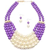 Thkmeet Women Fashion Jewelry Set Pearl Bead Cluster Collar Bib Choker Necklace and Earrings Suit
