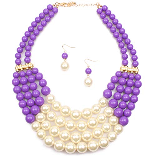 Thkmeet Chunky Faux Pearl Bead Cluster Collar Choker Necklace and Earrings Set Women Neck Bib Statement Maxi Jewelry