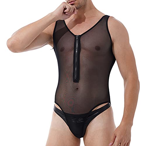 Men's Underwear One Piece Sleeveless Mesh Bodysuit Leotard Mankini Wrestling Singlet4