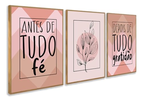 Kit 3 Quadros Antes De Tudo Fé Rosa Oliva Moderno Decoração Casa Sala e Quarto (43x32cm, Carvalho)