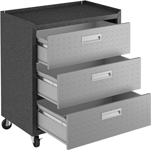 Image of Manhattan Comfort Fortress Collection Convenient Durable Mobile Garage Chest Great for Tools and Supplies, Dark Charcoal Gray /Silver