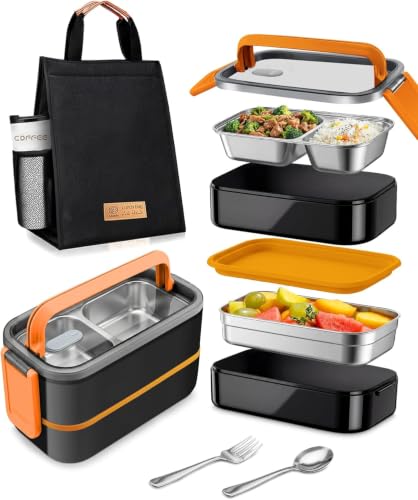 Adando Stainless Steel Lunch Box: 1400ml Double Layer Microwave-Safe Bento Box - 304 Leakproof Bento Box - Thermal Insulation Detachable - for Adults Students Office School- with Thermal Bag & Cutlery