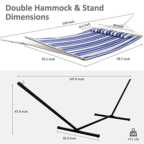 Image of SUNCREAT Two Person Hammock with Stand Heavy Duty, Free Standing Hammocks Outdoors for 2 Person, Max 475lbs Capacity, Blue Stripes