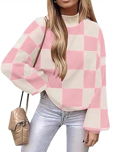 Womens Oversized Cute Checkered Sweater Fall 2025 Trendy Preppy Chunky Knit Mock Neck Long Sleeve Pullover Sweaters