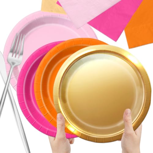 Image of CMUSKO Pink and Orange Party Decorations - 60Pcs Sunset Tropical Plates and Napkins Pink Pumpkin Halloween Tableware for Birthday,Baby Shower, Bachelorette Party (Pack of 2)